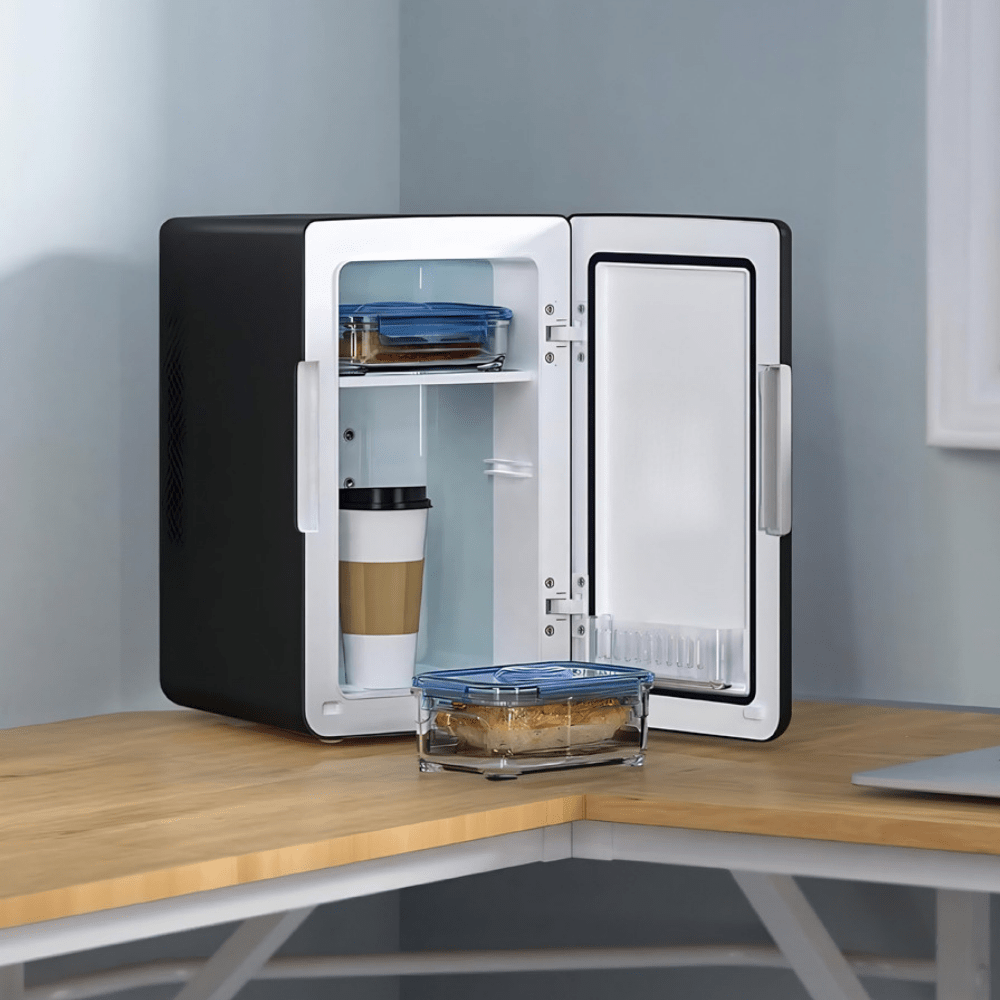 Portable mini fridge with 6L capacity featuring cooling and warming functions, ideal for skincare products, perfect for bedroom use and travel. 0